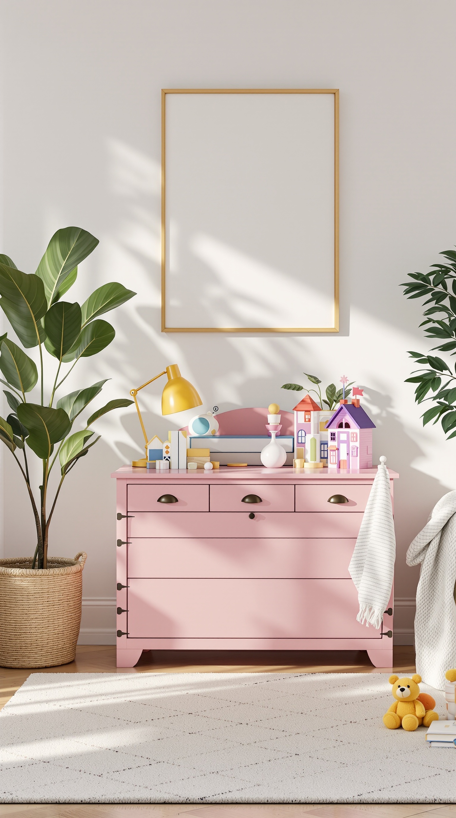 A pink toy chest in a living room with decorative items on top, surrounded by plants and a cozy atmosphere.