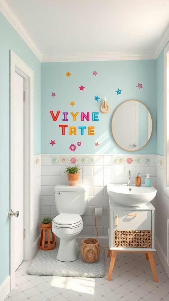 A bathroom with colorful vinyl decals on the wall, featuring letters and stars, with a modern sink and plants.