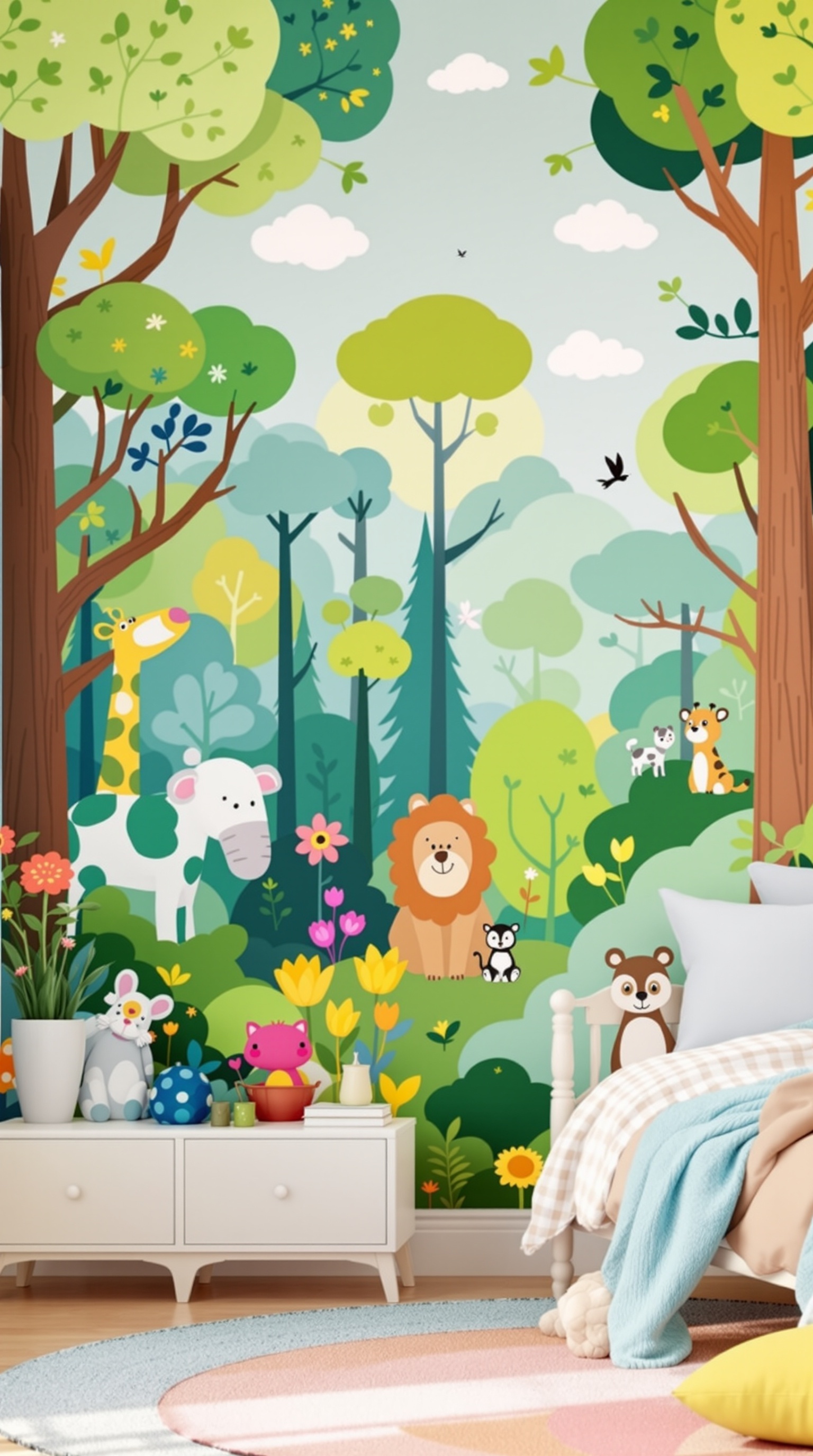 Colorful wall mural featuring animals and a forest scene in a kid's room
