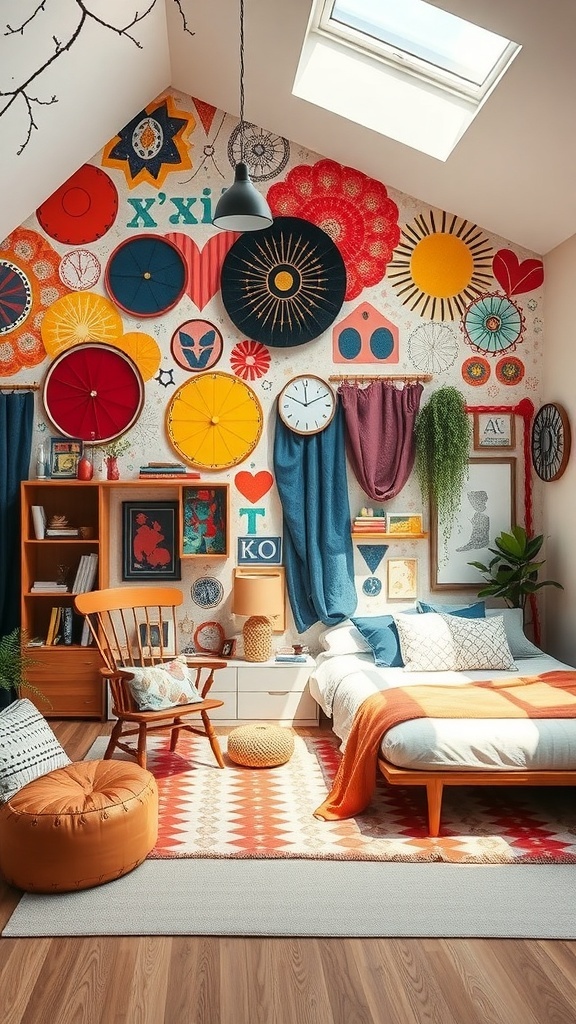A colorful wall mural in a teen loft bedroom featuring various shapes and designs.