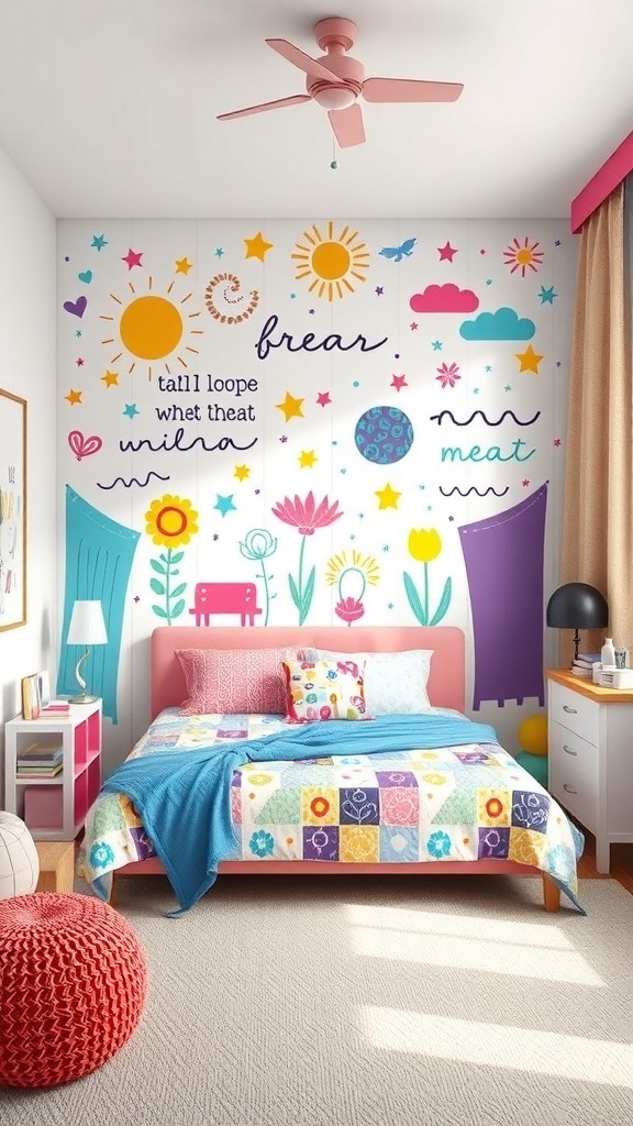 A colorful wall mural in a pre-teen bedroom featuring suns, flowers, and playful shapes.