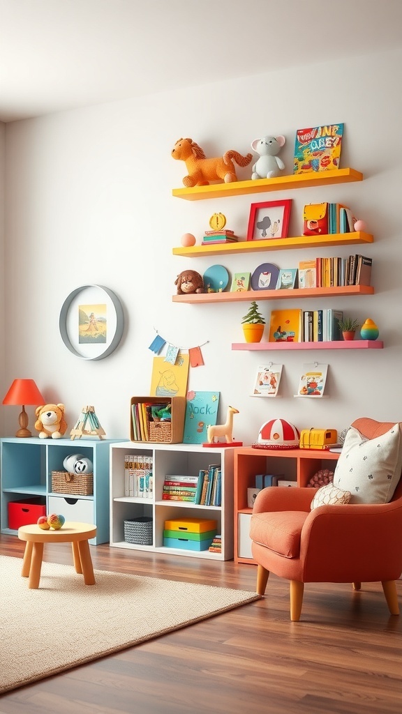 Colorful wall shelves in a kids' room displaying toys and books