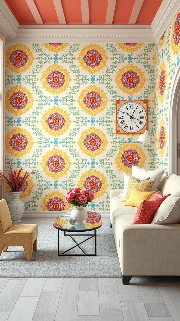 A living room with colorful floral wallpaper, a beige sofa, and a coffee table with flowers.