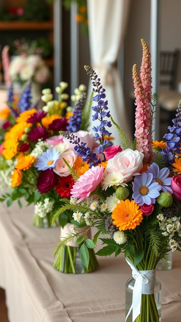 A collection of colorful wildflower bouquets in vases, creating a vibrant and cheerful atmosphere.
