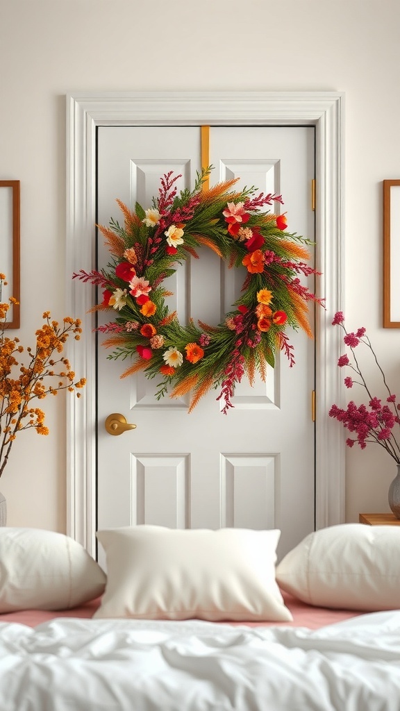 A colorful wreath with flowers and greenery hanging on a white bedroom door.