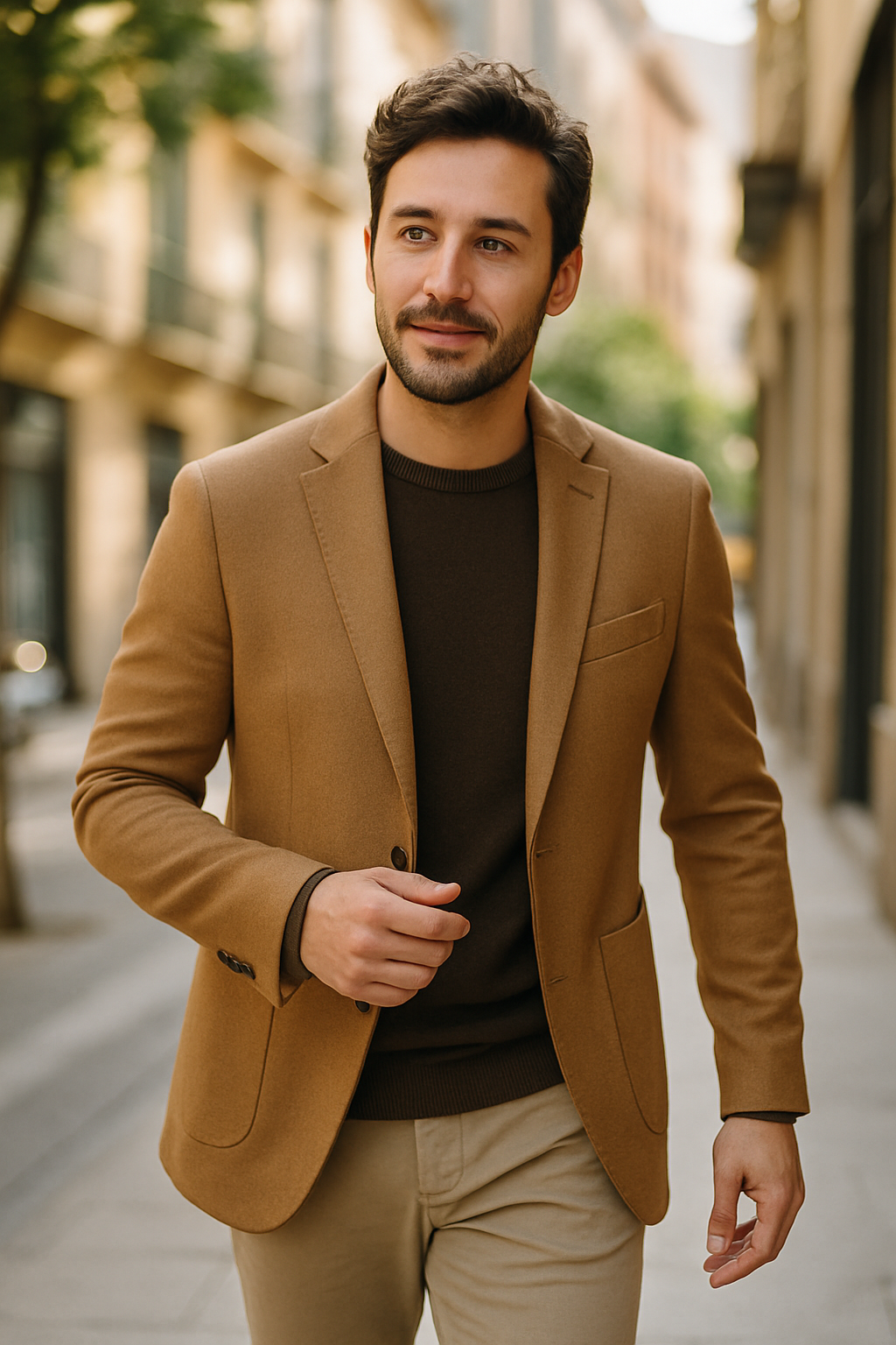 Hombre con blazer marrón claro, suéter oscuro y pantalones claros caminando por la calle.