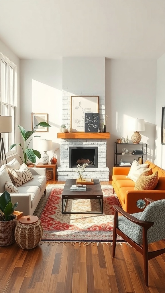 A cozy living room featuring a mix of modern and vintage furniture styles, including an orange sofa, a white sofa, and a patterned rug.