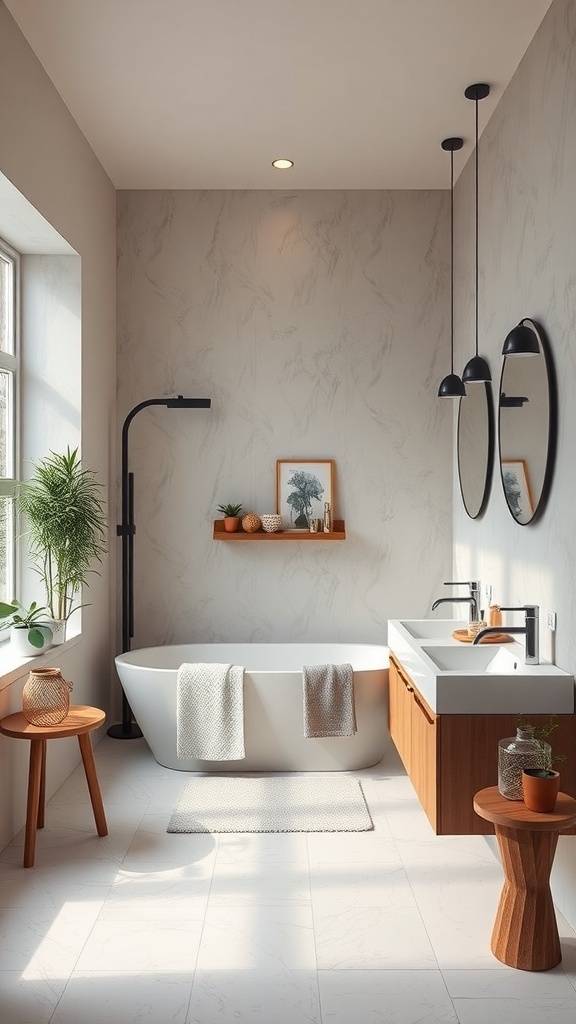 A modern bathroom featuring natural light, stylish lighting fixtures, and plants.