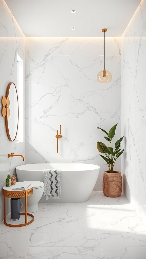 A modern bathroom featuring white marble walls, a freestanding bathtub, and gold fixtures.