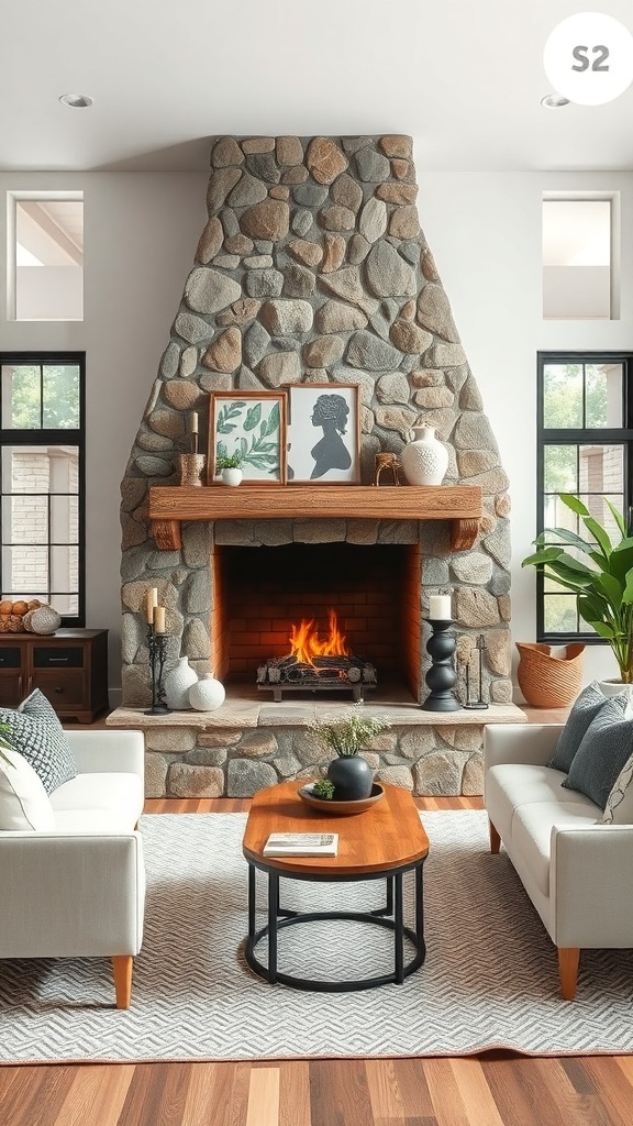 A rustic stone fireplace in a modern living room with two sofas and a coffee table.