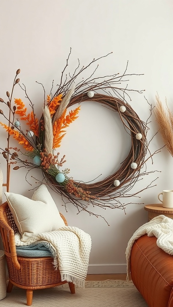 A curly deco mesh wreath with orange flowers and twigs, displayed on a wall next to a cozy chair.