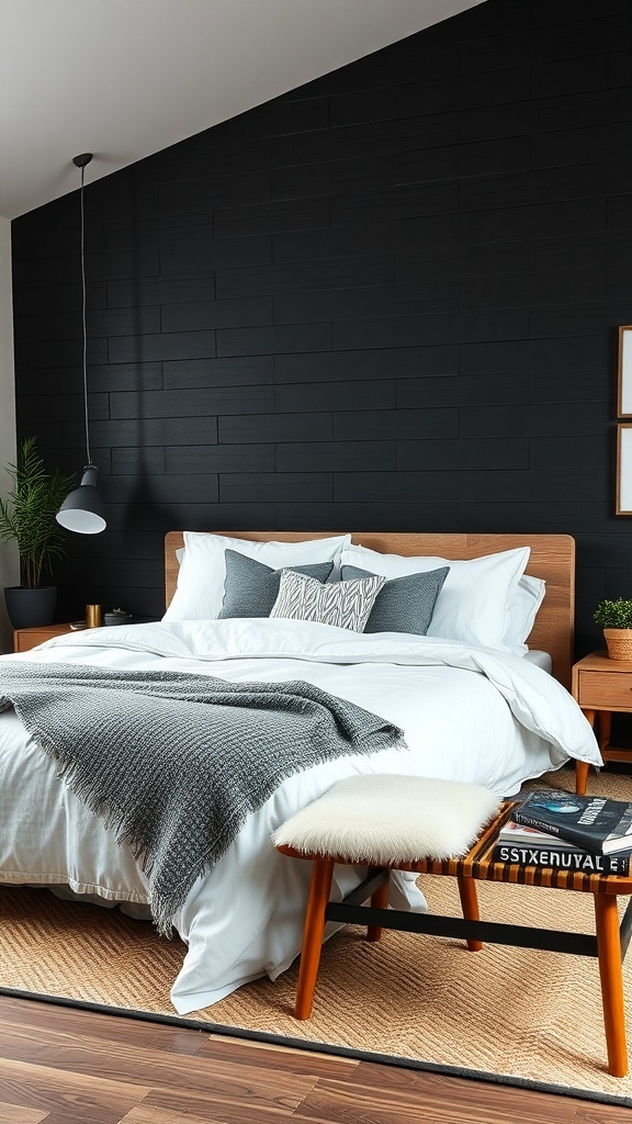 A cozy bedroom featuring a black accent wall, wooden bed frame, and layered bedding.