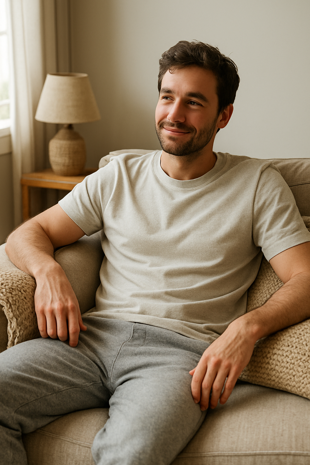 A man sitting comfortably on a couch wearing a light t-shirt and gray sweatpants.