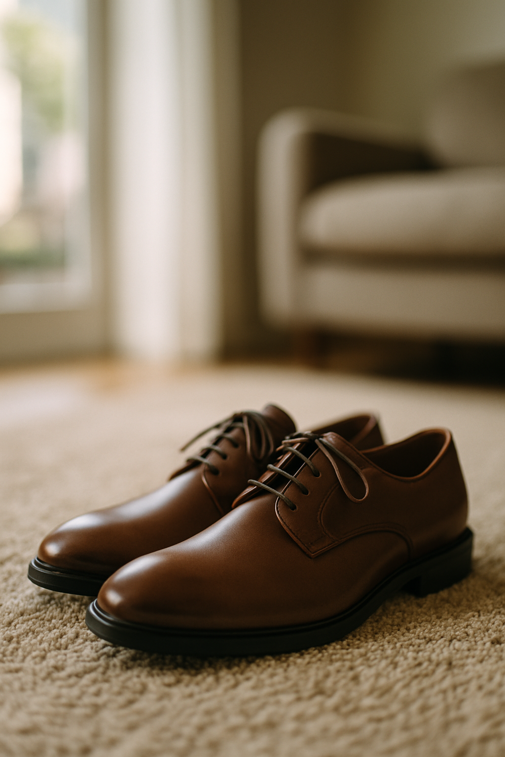 A pair of brown dress shoes on a carpeted floor, showcasing their sleek design.