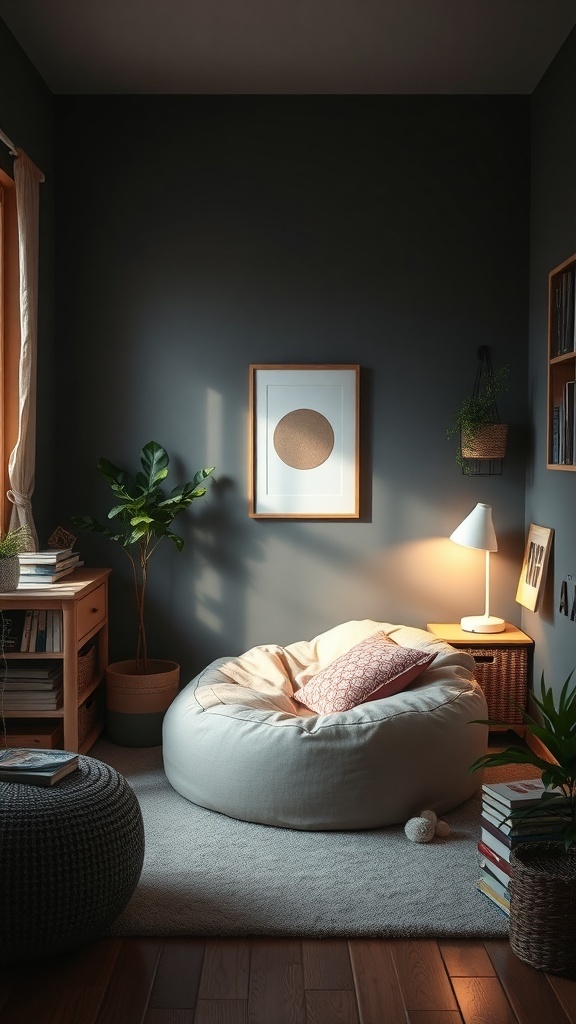 A cozy dark teen bedroom corner with a bean bag, warm lighting, and bookshelves.