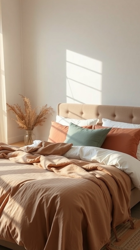 Cozy earthy bedroom with warm-toned bedding and decorative pillows