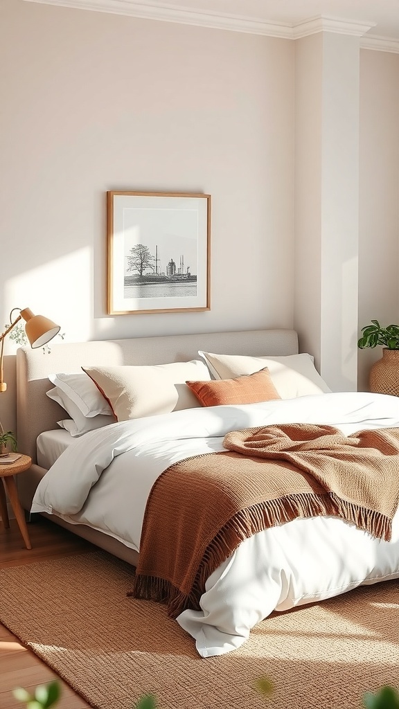 A modern teen boy bedroom featuring a cozy bed with neutral bedding and a warm throw blanket.