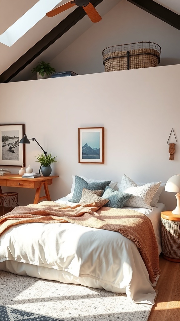 A cozy loft bedroom featuring soft bedding, layered pillows, and warm decor.