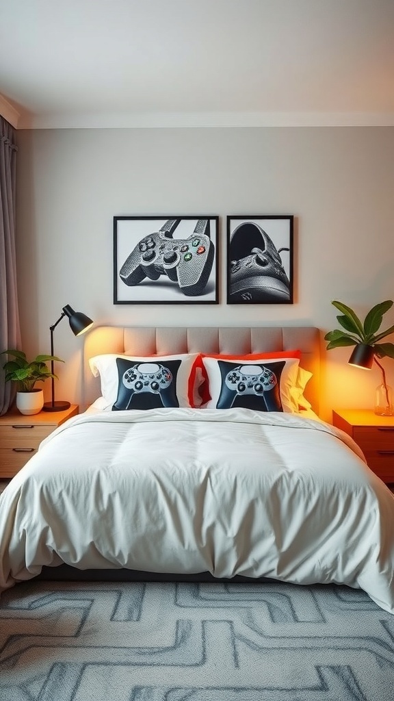 A cozy gaming bedroom with a comfortable bed featuring gaming controller pillows and a stylish duvet.
