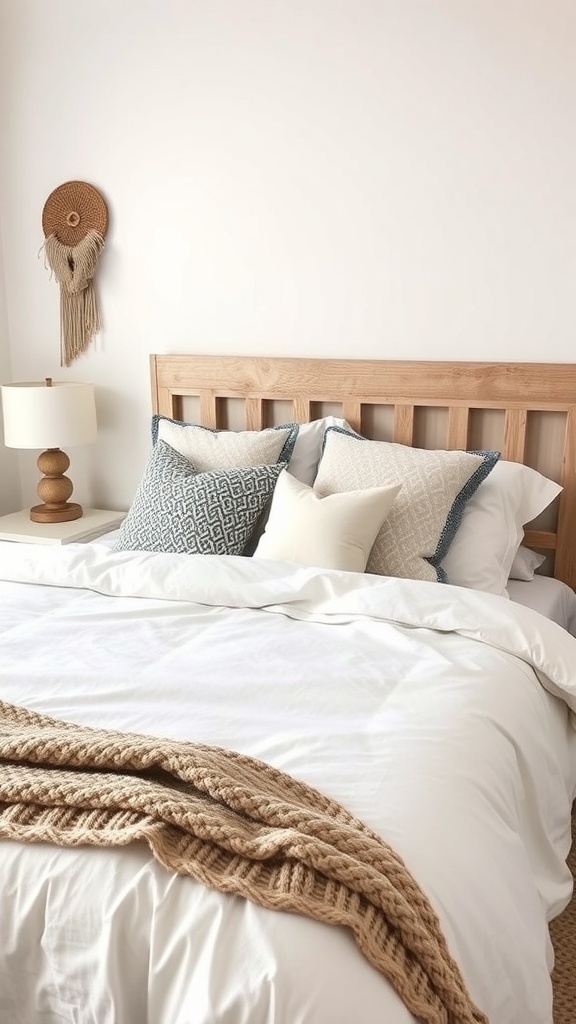 A cozy boho farmhouse bedroom with layered bedding, textured pillows, and a wooden headboard.