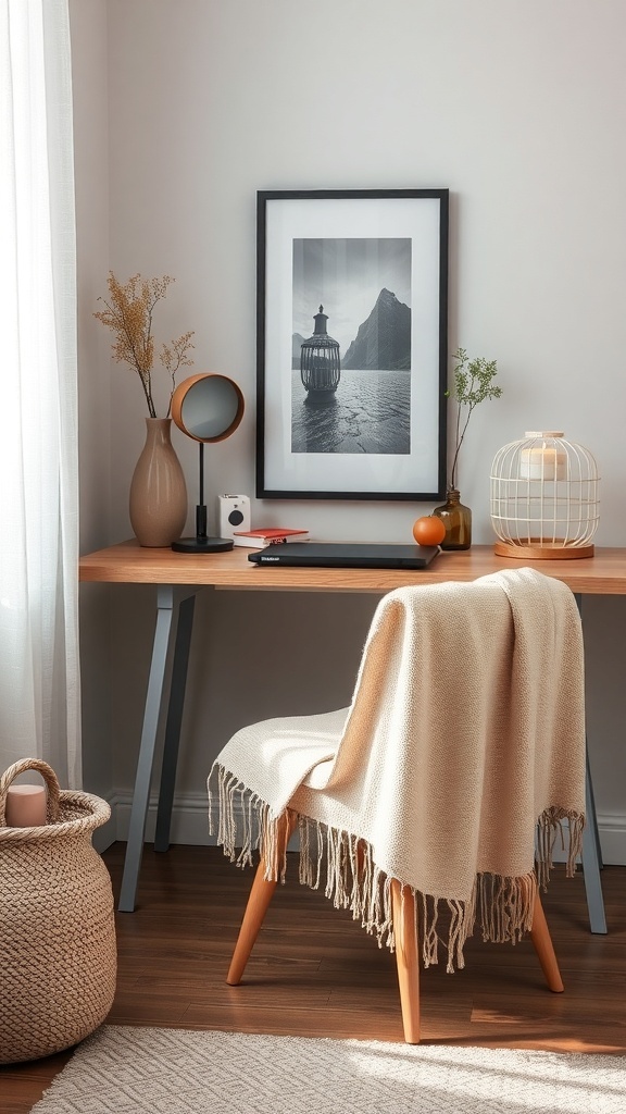A cozy desk setup featuring a beige throw on a chair, a wooden desk, and decorative items.