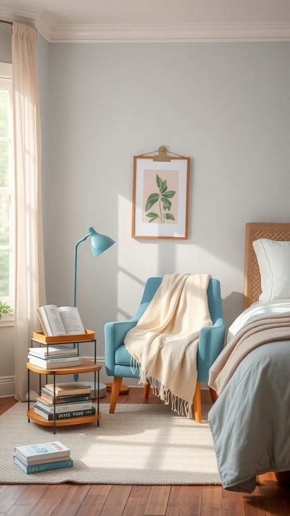 A cozy reading nook featuring a blue chair, cream throw, and a side table with books.