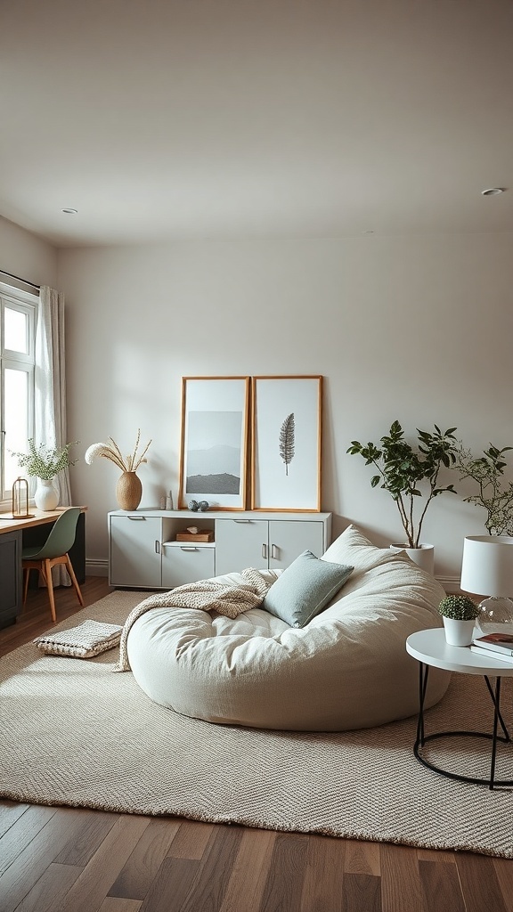Cozy bedroom corner with a large bean bag, framed art, and a desk