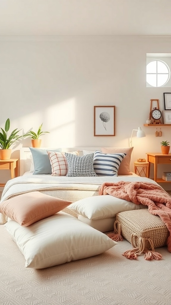 A cozy teen bedroom with floor pillows, a woven basket, and a warm color palette.