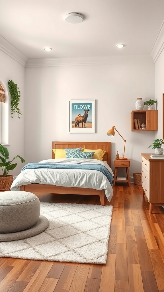 A simple teen bedroom featuring wooden flooring, a cozy area rug, and stylish furniture.