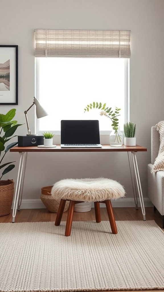 A cozy desk setup featuring a fluffy footrest, a wooden desk, and plants.