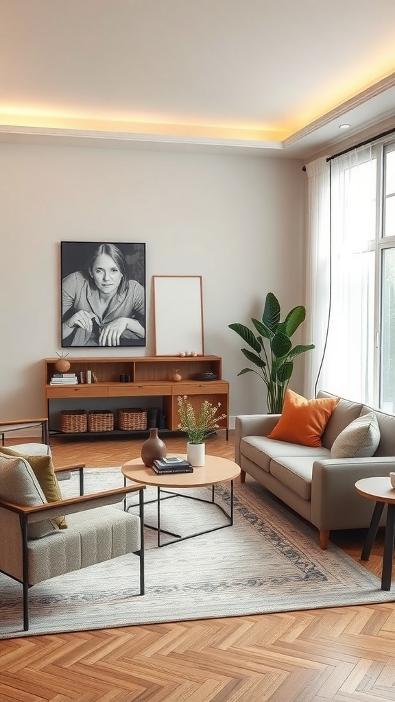 A cozy living room with a comfortable furniture arrangement, featuring a sofa, chairs, and a coffee table.