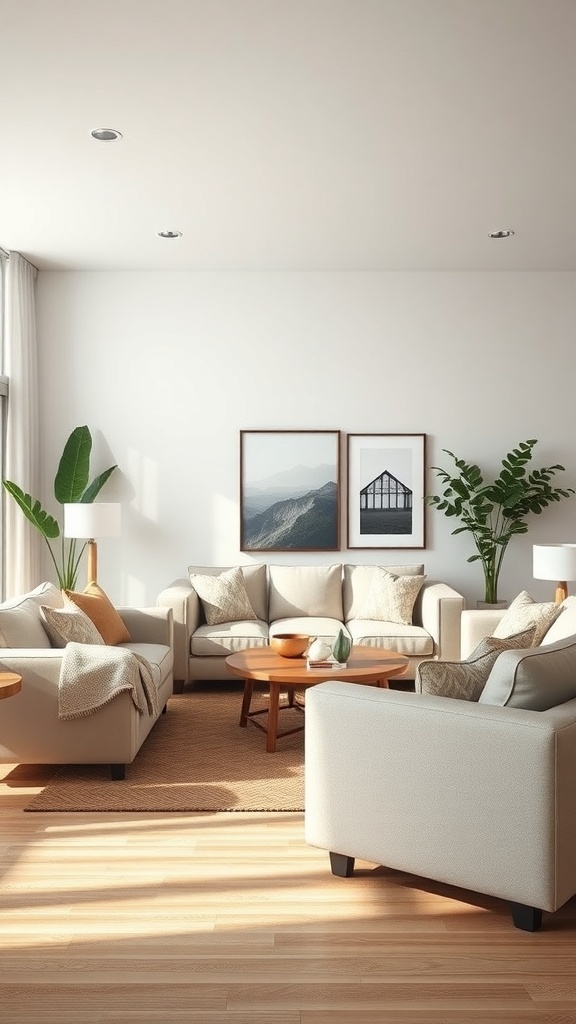 A cozy living room with soft beige sofas, a round coffee table, and plants, creating a warm atmosphere.
