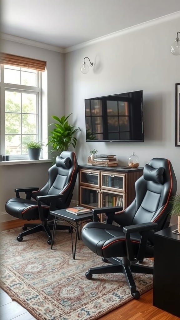Two comfortable gaming chairs in a cozy man cave setup