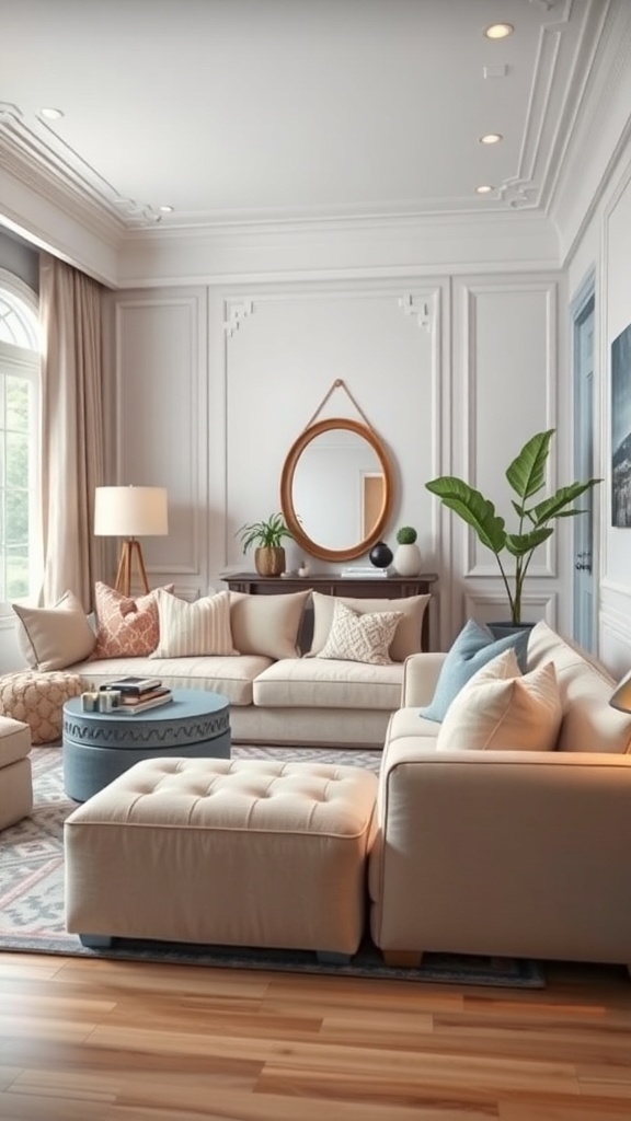 A cozy lounge area in a luxury teen bedroom featuring soft sofas, a round coffee table, and natural light.