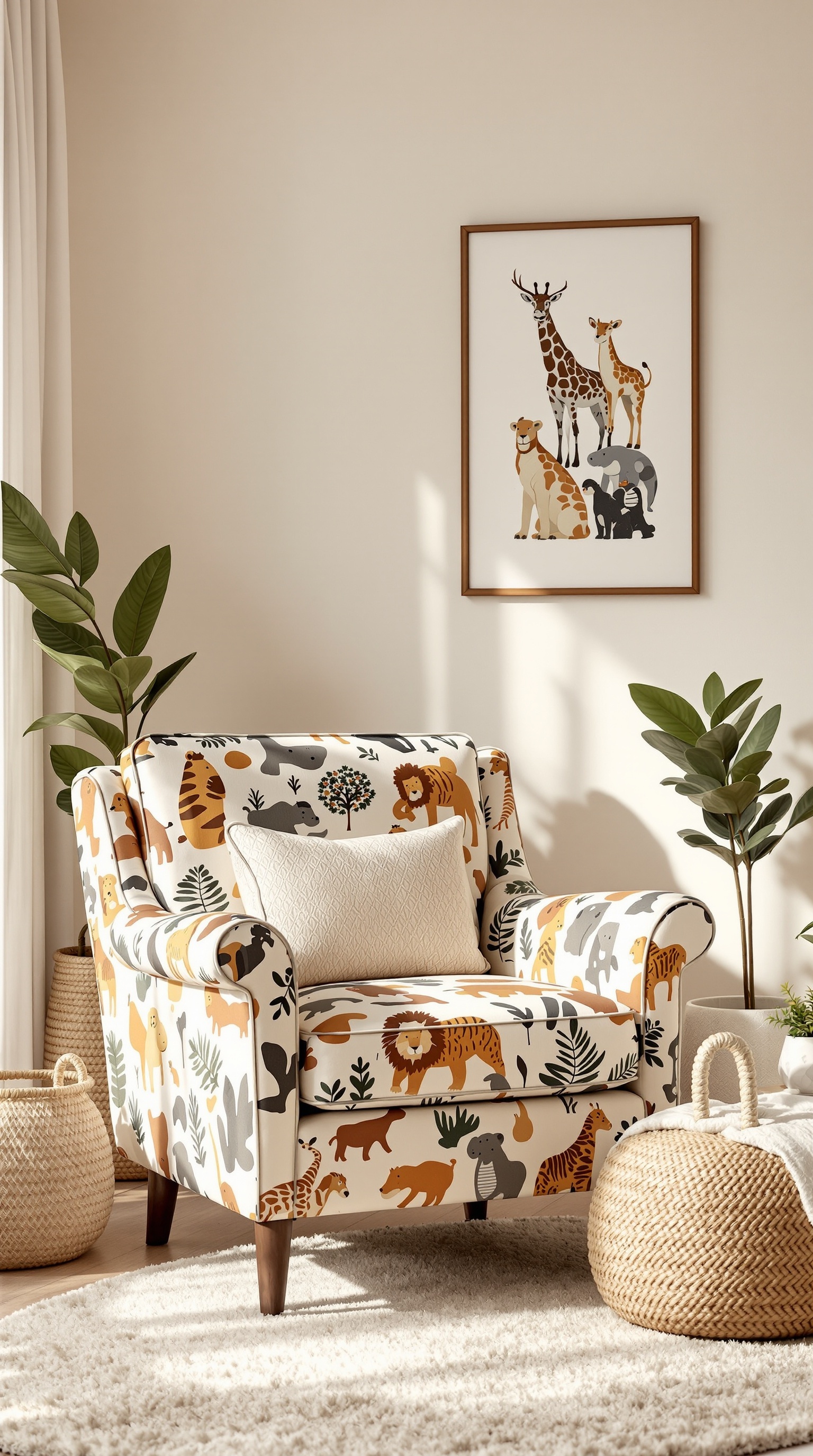 A comfortable nursing chair with a safari animal pattern, surrounded by plants and decorative items in a baby room.