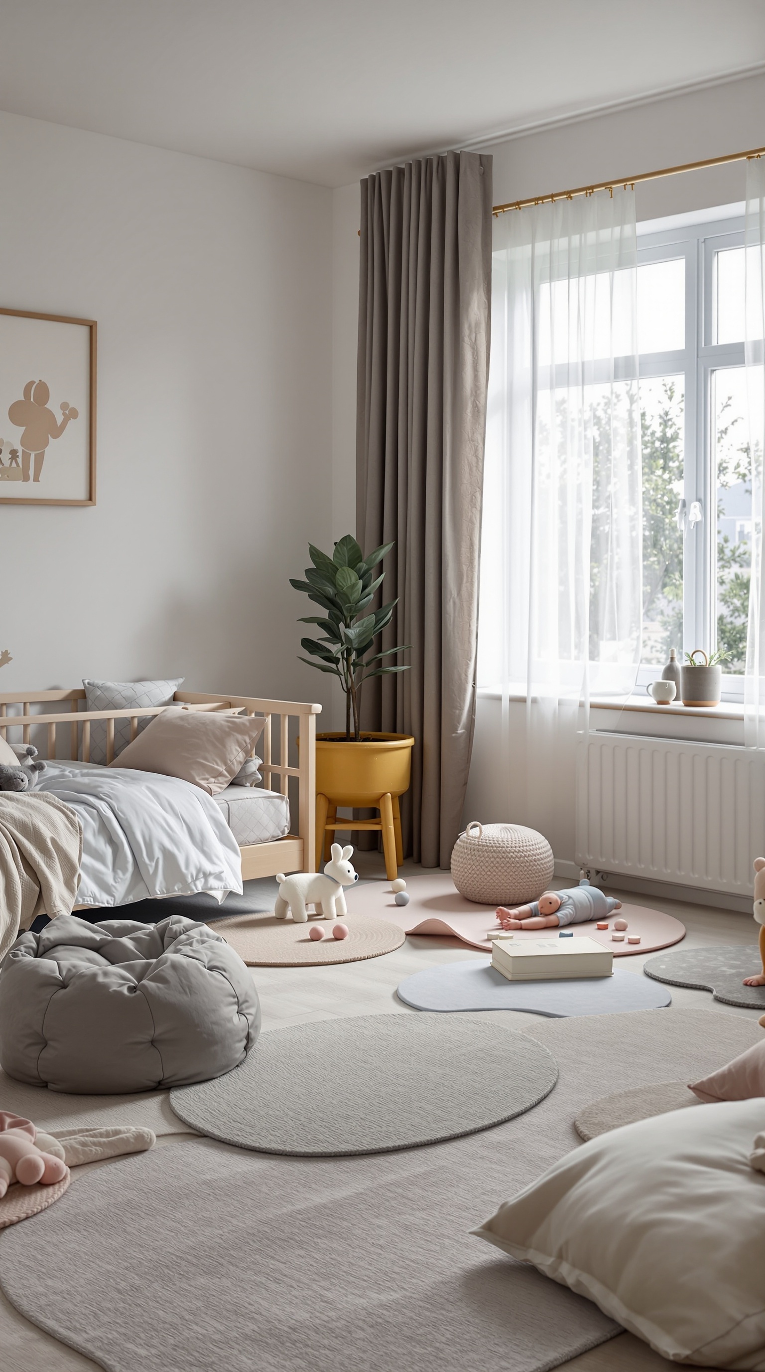 A cozy toddler bedroom featuring soft play mats in various shapes and colors, a crib, and playful decor.