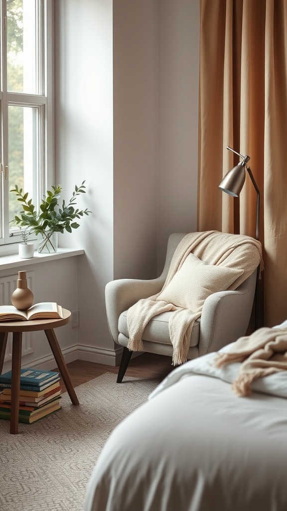 Cozy reading nook with an armchair, blanket, lamp, and books.