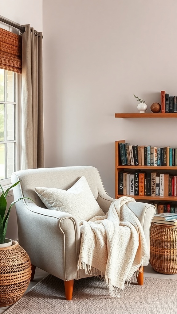 A cozy reading nook with a plush armchair, a blanket, and a bookshelf filled with books.