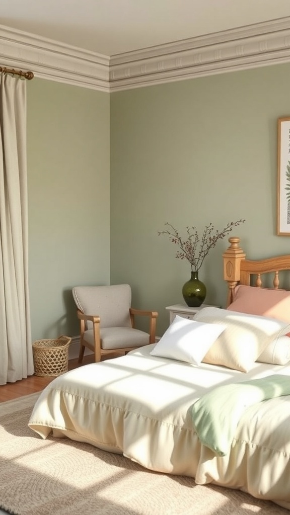 A light green bedroom featuring a cozy reading nook with an armchair, side table, and a neatly made bed.