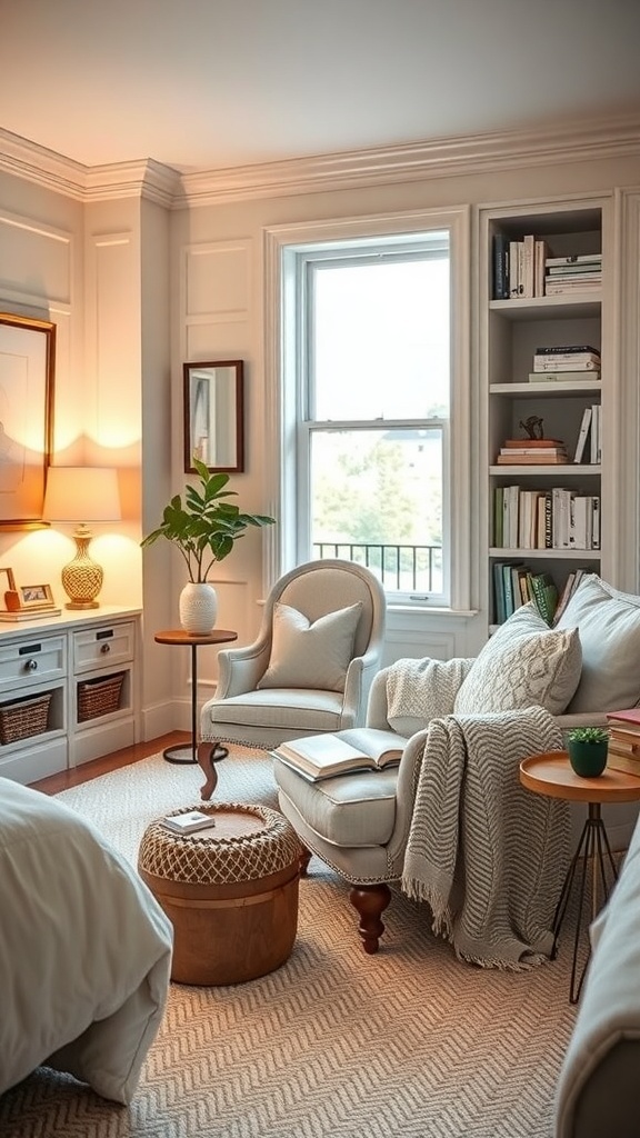 A cozy reading nook in a preppy teen bedroom with an armchair, side table, and bookshelf.