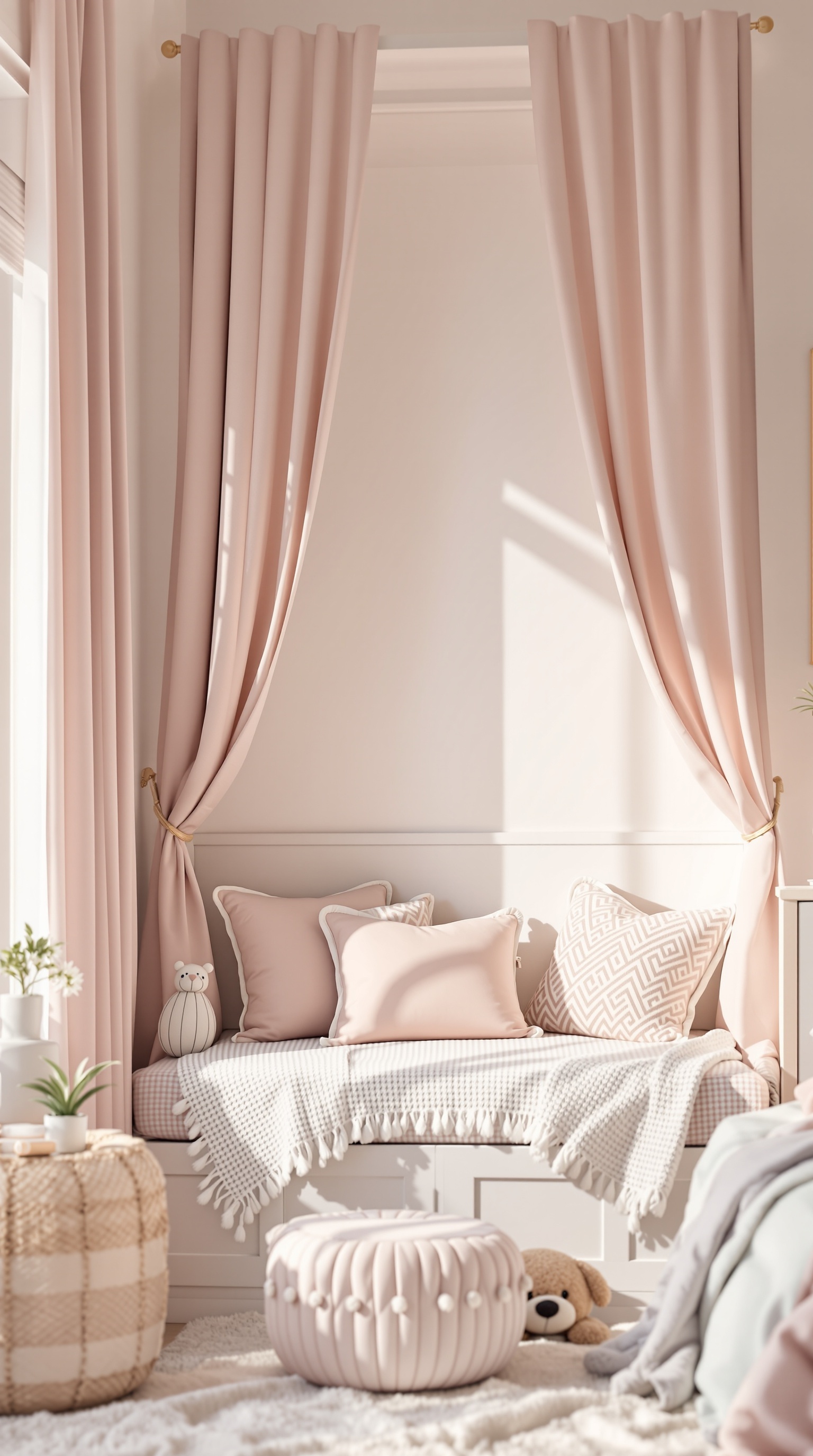 Cozy reading nook in a baby girl's bedroom with soft pink curtains, cushions, and a plush teddy bear.