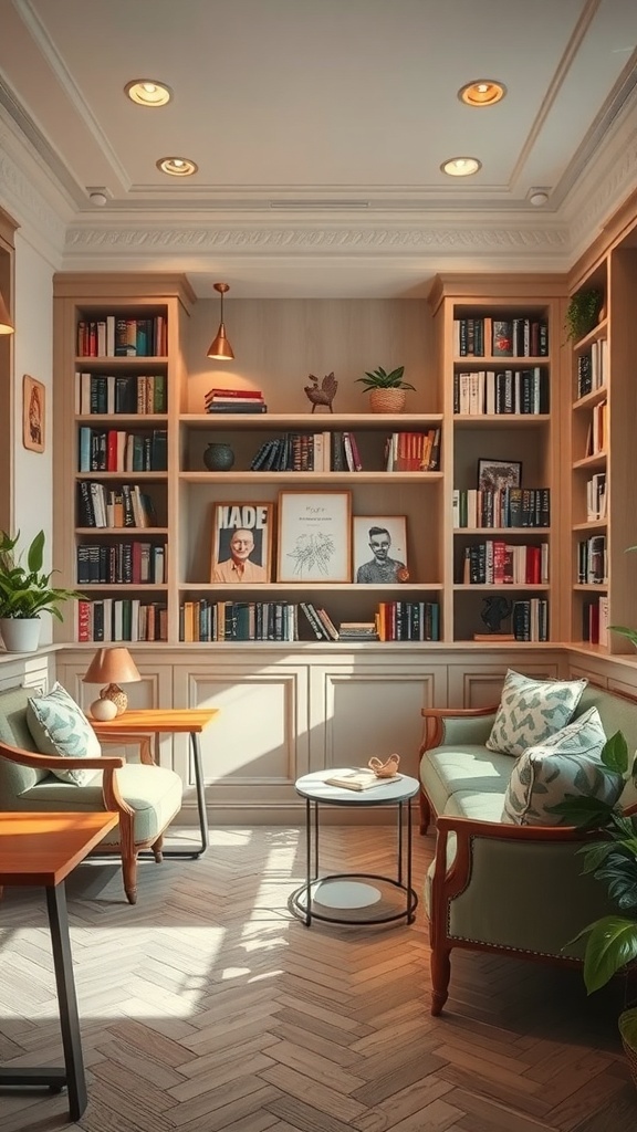 A cozy reading nook with bookshelves, comfortable seating, and warm lighting.