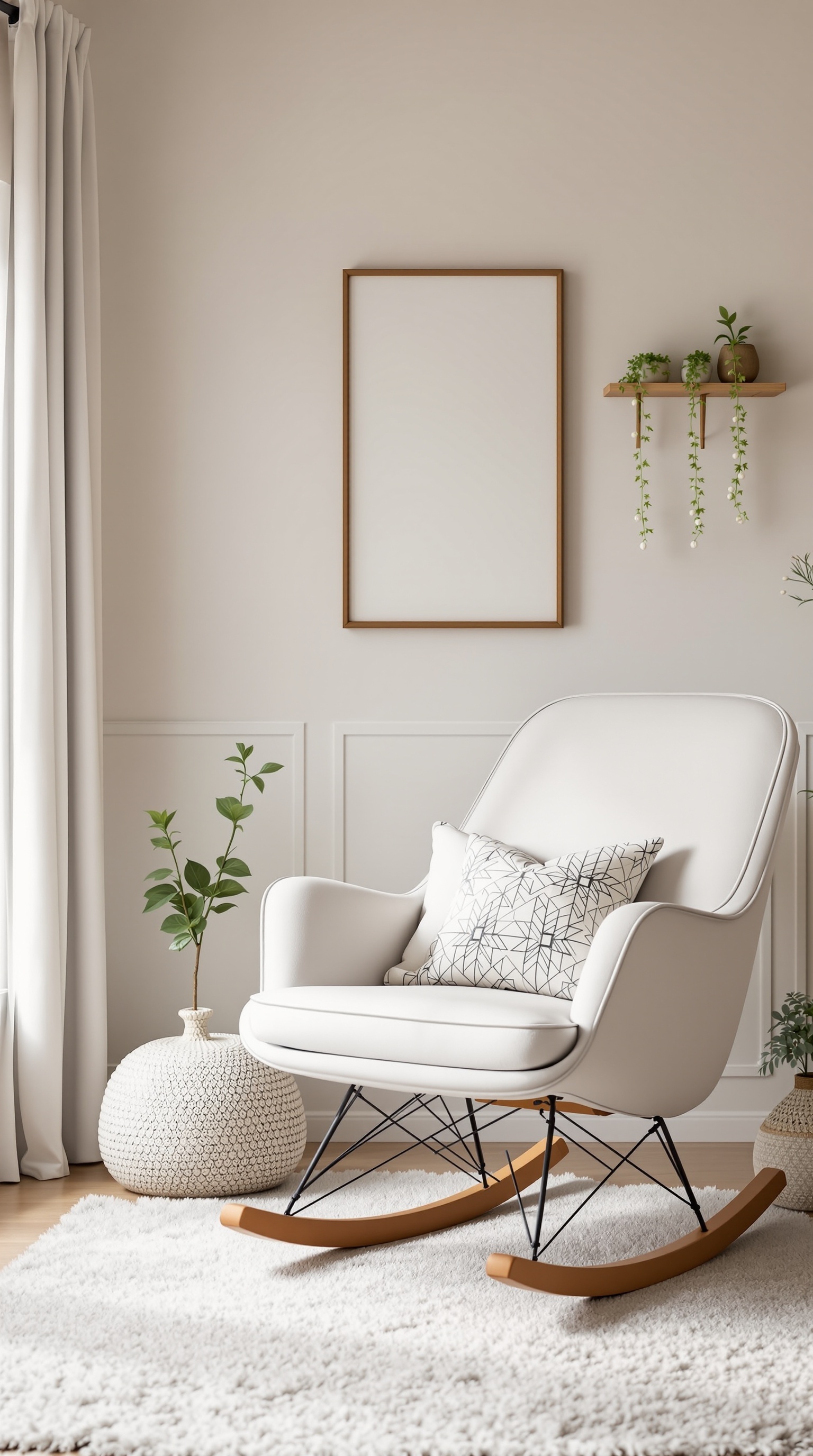 A comfortable rocking chair in a unisex baby room with a soft rug and decorative plants.