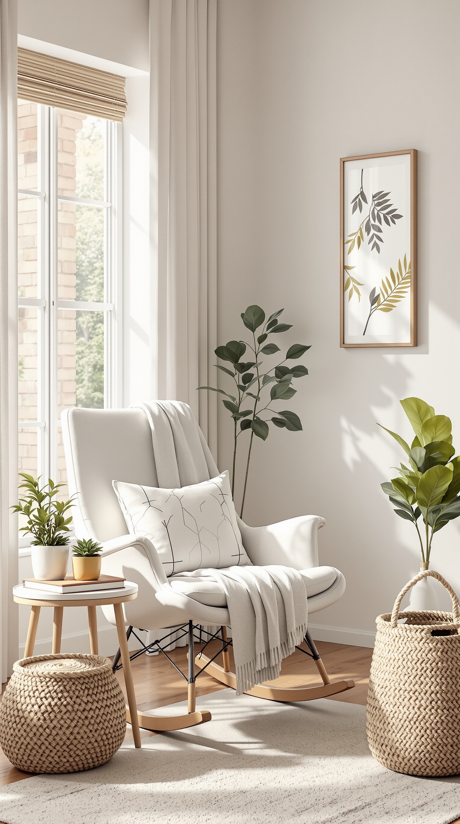 A cozy rocking chair in a baby room with plants and a small table.