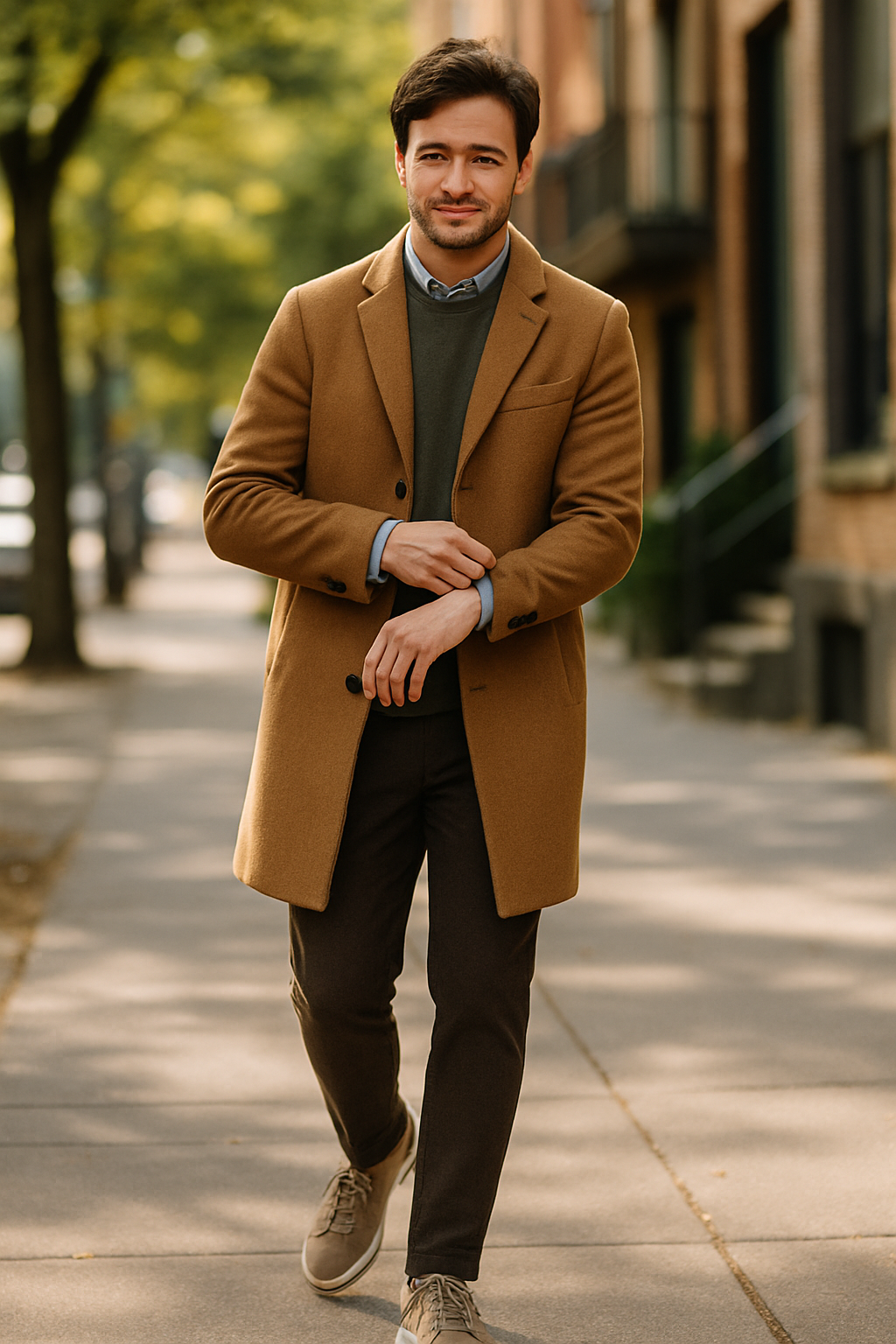 A man walking on a city street wearing a stylish outfit and comfortable running shoes.