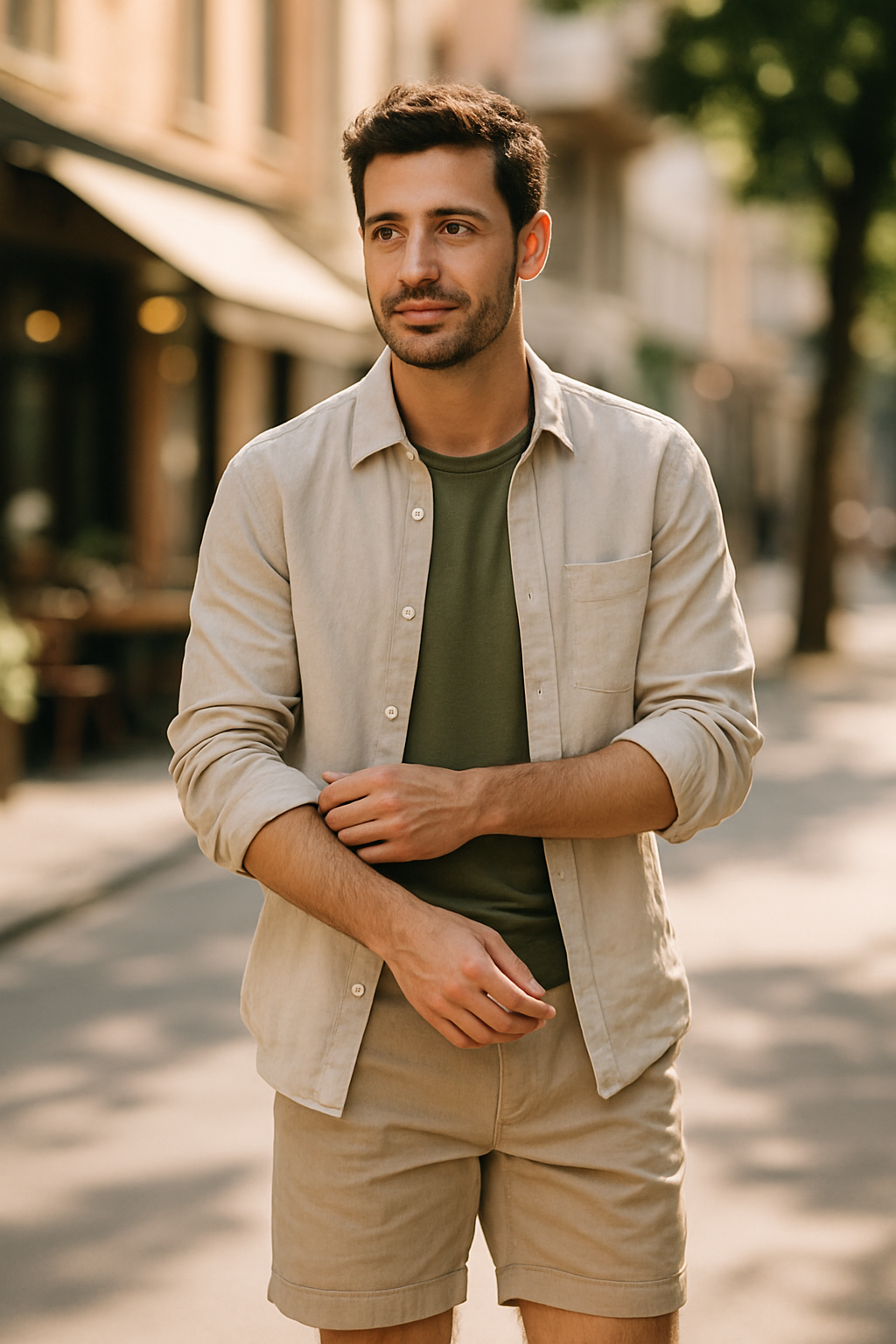 A man in a light shirt and shorts, suitable for summer outings.