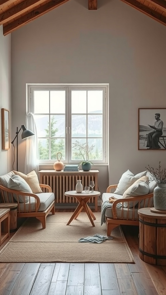 A cozy rustic farmhouse bedroom with comfortable seating areas featuring wooden chairs and a round coffee table.