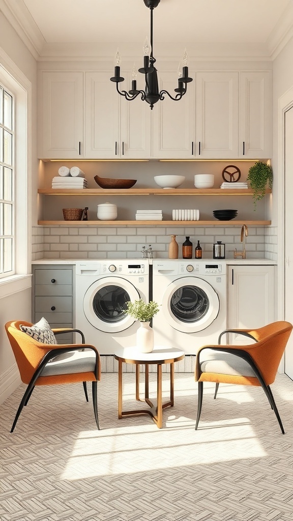 A stylish laundry room featuring two orange chairs, a small table, and modern appliances.