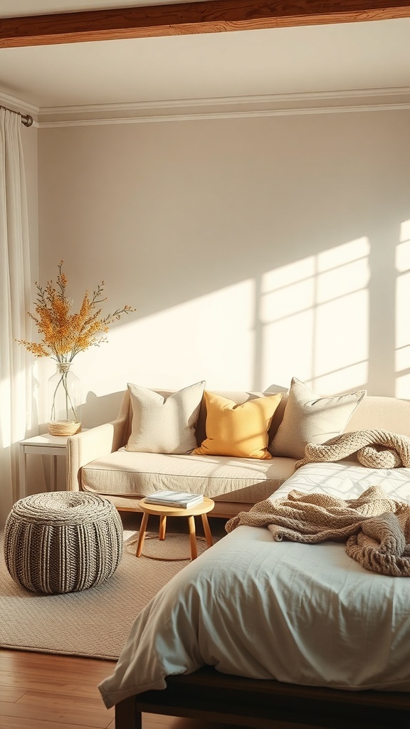 A cozy bedroom corner with a soft sofa, pillows, a small table, and a vase of flowers.