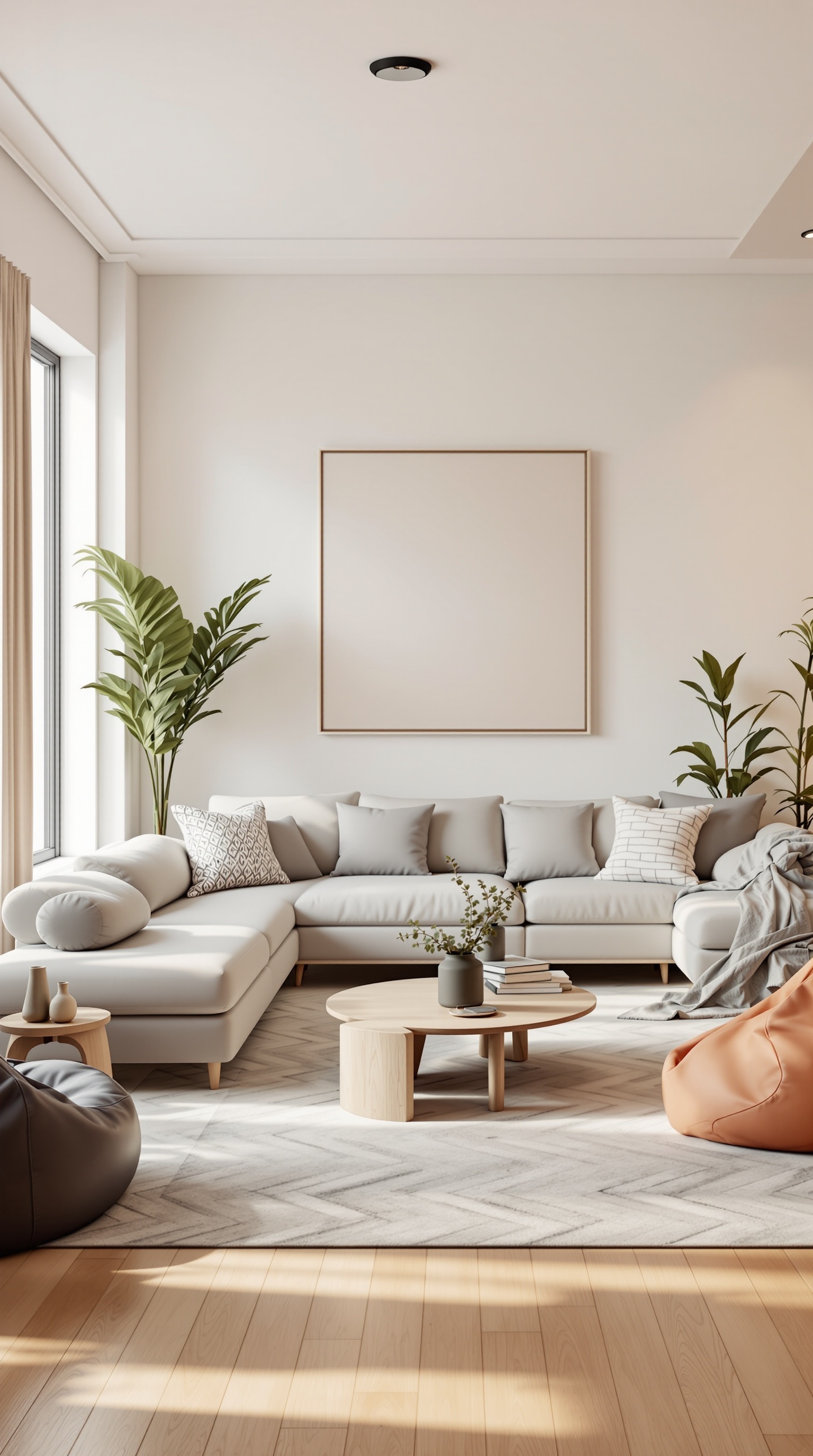 A cozy family-friendly living room with a sectional sofa, bean bags, and plants.